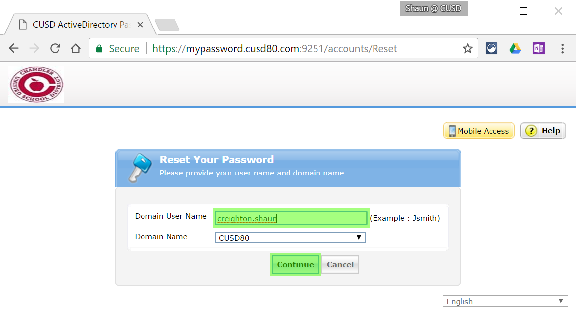 Reset Your Password - username entry 